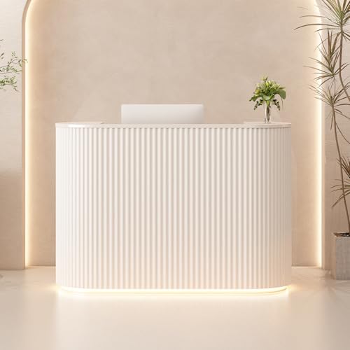 Modern Reception Desk with Counter - Curved Front Checkout Page with Led Lighting, Lockable Drawers, Hidden Cable Management and Wood Construction, Salon Reception Desk for Beauty Salons - color: Milky White