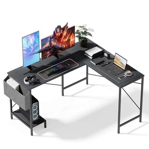 Simple Deluxe L Shaped Desk Gaming Computer 50 Inch Reversible Corner Table PC Work Table for Writing Study Student with Wood Tabletop Metal Frame CPU Stand Side Bag for Home Office Small Place - color: Black