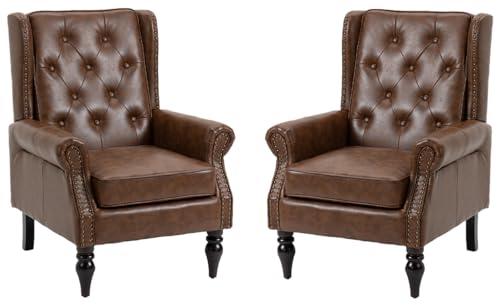 Mid-Century High Wingback Chair Set of 2, PU Leather Accent Chair Armchair with Buttons,Modern Living Room Chairs with Rivet Decoration,Leisure Single Sofa Chair for Bedroom,Home Reception (Brown) - color: Brown Set of 2