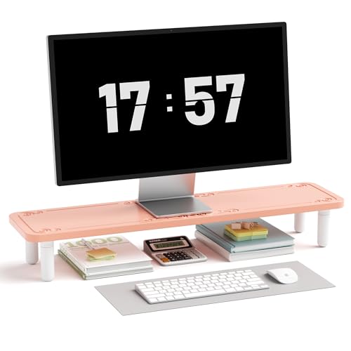 AFOOYO 31.5 Inch Adjustable Monitor Stand Riser, Dual Monitor Stand for Desk, 3 Height Adjustable Computer Stand with Storage, Sturdy Laptop Riser for PC, Laptop, Printer, TV, Pink