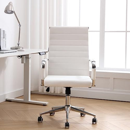Home Office Chair Ribbed, Modern Leather Conference Room Chairs, Ergonomic Office Desk Chair, High Back Executive Computer Chair, Adjustable Swivel Chair with Arms (White) - color: Pure White