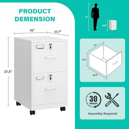 2 Drawer File Cabinet with Lock and Wheels,White Rolling File Cabinets,Locking Mobile Metal Filing Cabinet for Home Office,Under Desk,Fit A4/Letter/Legal File, Easy Assembly - color: White, style: 2 Drawer with Wheels