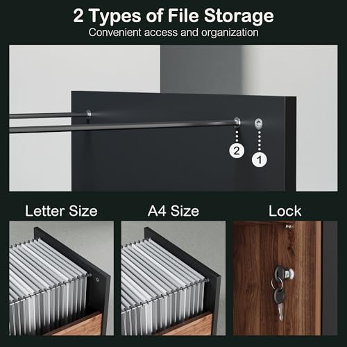 2 Drawer Lateral File Cabinet with Lock for Home Office | Filing Cabinet for A4 / Letter Documents, 31.5"W * 19.5"D * 29.5"H, Credenza w/ Built-in Power Outlet, Printer Stand - color: Black Walnut