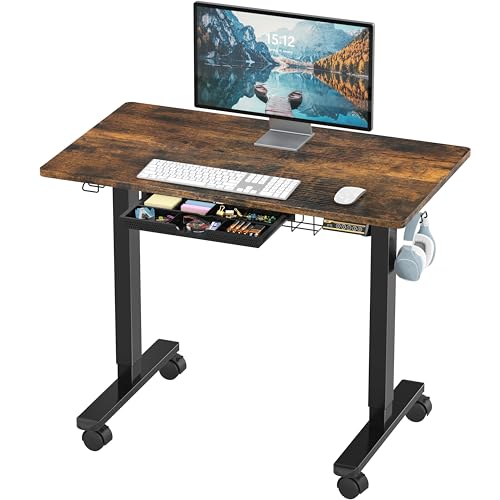 SHW Mobile Electric Height Adjustable Standing Desk w/Drawer, Rustic Brown | 40" Wide Top | w/ Memory Presets and Cable Management | Drawer with adjustable compartments | Hanging Hooks - color: Rustic Brown