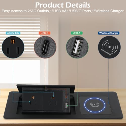 Table Pop Up Outlet Automatic Pop Up Strip Center Countertop Recessed Power Strip with 15W Wireless Charger + USB A + USB C + 2AC 5.9Ft Cord for Conference Desk Office Kitchen (Black-Wireless) - style: Black-Wireless