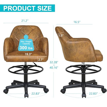 VECELO Drafting Chair with Low Back and Footrest Ring, Height Adjustable, Swivel Rolling Wheels, for Drawing/Standing Desk/Office, Linen Fabric，Brown