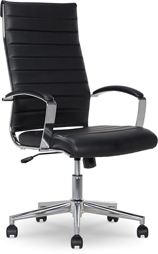 Amazon Basics High-Back Swivel Office Chair with Lumbar Support, Ergonomic Ribbed Faux Leather, Adjustable Height, 45.25" x 24.75" x 23.25", Black - color: Black