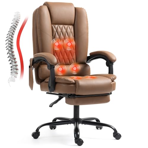 6-Point Heated Massage Office Chair with Lumbar Support, Brown | Ergonomic Home Desk Chair with Footrest, Executive High Back PU Leather Computer Chair with Armrest & Reclining - color: 6-point Brown