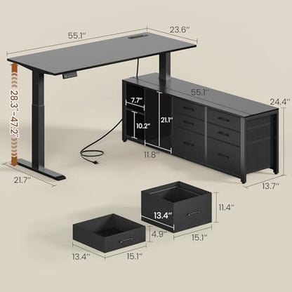 SEDETA L Shaped Electric Standing Desk with 6 Fabric Drawers, 55" x 55" Height Adjustable Office Executive Desk with Storage Shelves, Stand up Computer Desk with Power Outlet (Black) - color: Black