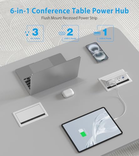 Recessed Conference Table Power Hub with 20W USB-C PD Fast Charging, Flush Mounted for Desks, Kitchens & RVs, 6FT Power Cord (White) - color: White