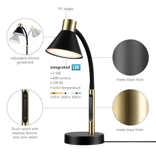 Globe Electric 62000034 15" LED Integrated Desk Lamp, Matte Black, Brass Accent, Adjustable Gooseneck, Dimmable, 3 Color Temperature, 7.5W, 90 CRI, 400 Lumens, Reading Light, Dorm Room Essentials - color: Matte Black, Albert