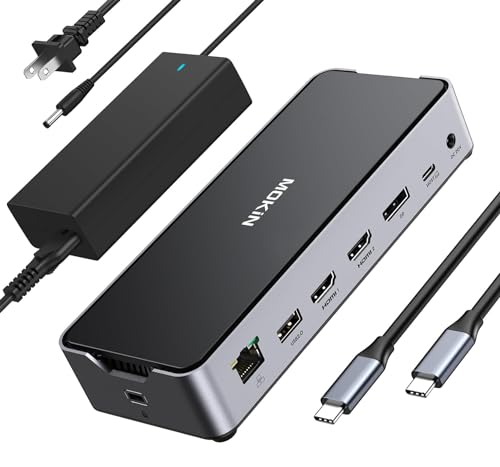 USB C Docking Station 3 Monitors Laptop USB C Dock Dual Monitor with 2 HDMI DisplayPort 4K144Hz,USB A 2.0/3.0,USBC 3.1 10Gbps&30W Output,Ethernet,microSD&SD,Audio&Mic,150W DC Power for Dell/Lenovo/HP