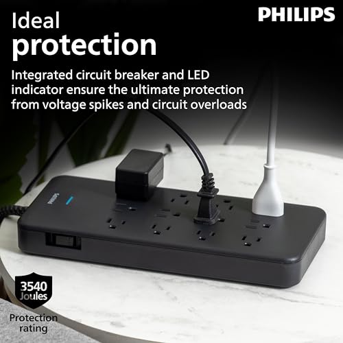 Philips 12-Outlet Surge Protector Power Strip, 6ft Braided Extension Cord, 3500 Joules, Multi Plug Outlet Extender, Adapter-Spaced, Black, SPP3813B/37 - style: 12 Outlet