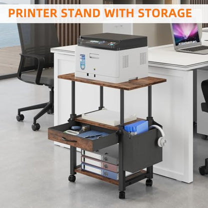 YAOHUOO 22"x15" Large Printer Stand with Drawer, 3-Tier Rolling Table Cart - color: Rustic Brown, size: 3-Tier
