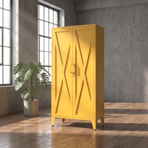 61" Yellow Steel Locking Cabinet, Tall Metal Storage Locker with 3 Adjustable Shelves, Secure Organizer Cabinet for Home Office, Garage, Classroom - color: Yellow, style: 61"H-Cabinet-CX
