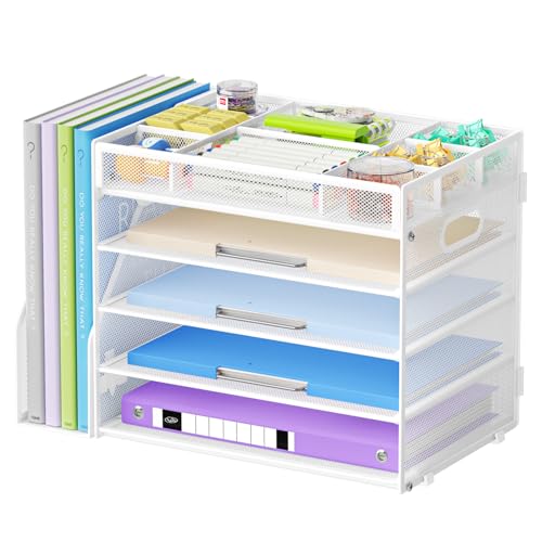 Marbrasse 5-Tier Desk Organizer with File Holder,Paper Letter Tray Organizer,Desktop File Organizer with Adjustable Compartments,Mesh Desk Organizers and Accessories for Office Supplies,White - color: File Organizer With File Holder-w