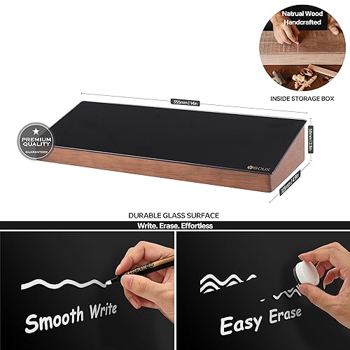 Desktop Black Glass Dry Erase Board with Wood Organizers for Small Office Supplies, Desk Whiteboard with Drawer for Home Office Cubicle, Accessories Included, Yeoux | Build With Soild Walnut Wood & Tempered Glass, Small Office Supplies Storage, For Home a