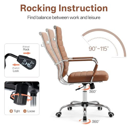 Okeysen Brown Conference Room Chairs, Modern Ergonomic PU Leather Office Desk Chair Ribbed for Office, High Back Executive Swivel Rolling Task Chair for Home - color: Brown