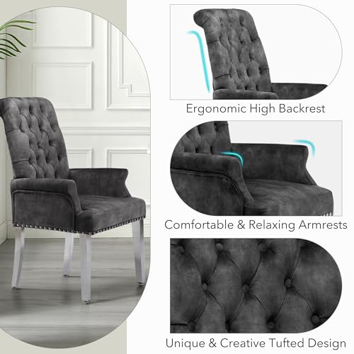 Velvet Dining Chairs with Arms, Upholstered Dining Room Chairs, Dark Grey | Upholstered, High Back, Tufted, Luxurious, Stainless Steel Leg, for Kitchen & Dining Room - color: Dark Grey, size: 1 PCS