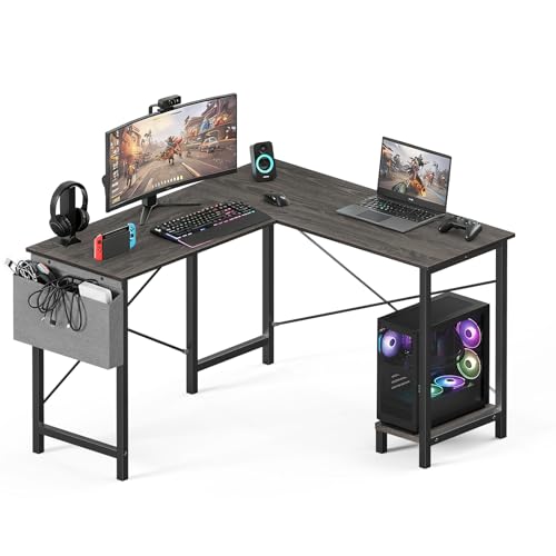 OLIXIS L Shaped Desk, Gaming Desk, Corner Table 50 Inch | Side Bag, Reversible Shelf, Home Work Study Writing, PC Workstation, Easy Assembly, Grey - color: Grey