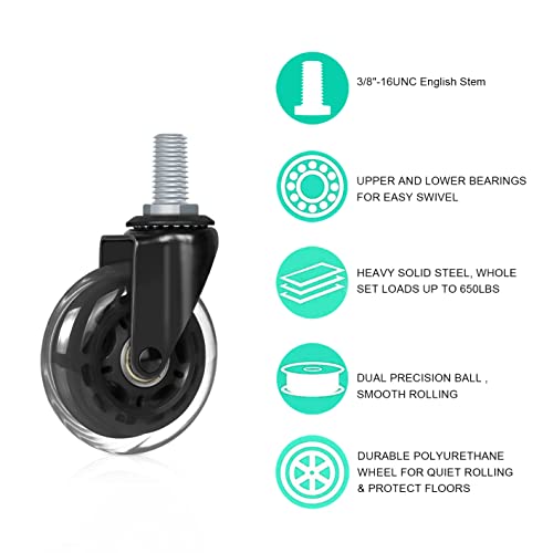 Hirate 3 inch Office Chair Casters Wheel with 3/8"-16UNC Threaded Stem | Set of 5 with Nylon Nuts, Heavy Duty, Desk Gaming Chair Caster Replacement, Smooth & Quiet Rolling for Hardwood Floors - size: 3 inches