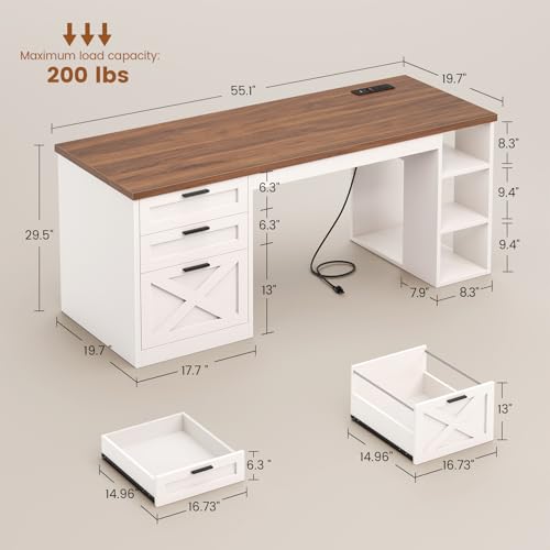 SEDETA 55.1" Farmhouse Office Desk with 3 Drawers for Home Office - color: White and Brown, size: Executive Office Desk (55")