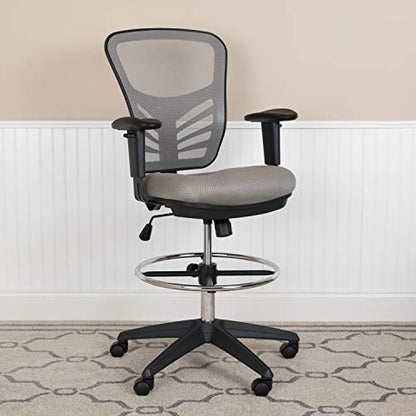 EMMA + OLIVER Mid-Back Black Mesh Drafting Chair | Black Frame, Ergonomic, Height Adjustable, 360° Swivel - color: Light Gray Mesh/Black Frame