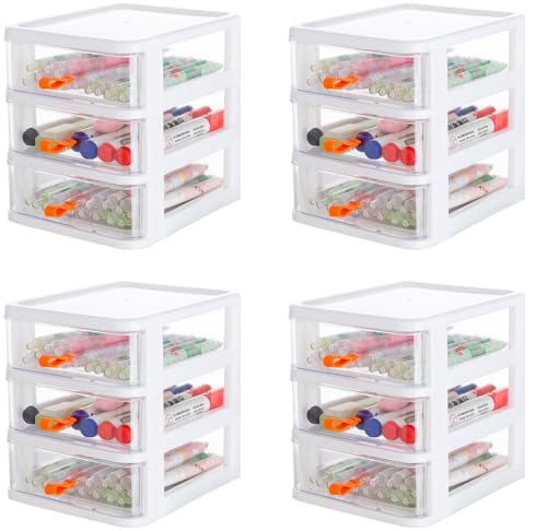 Gagee 4 Pack 3 Drawer Mini Desktop Unit, Clear/White Frame | Plastic Dressers with Drawers, For Arts and Crafts, Small Tools Storage, Sewing Accessories, Stationary and Hardware - size: 4 PCS