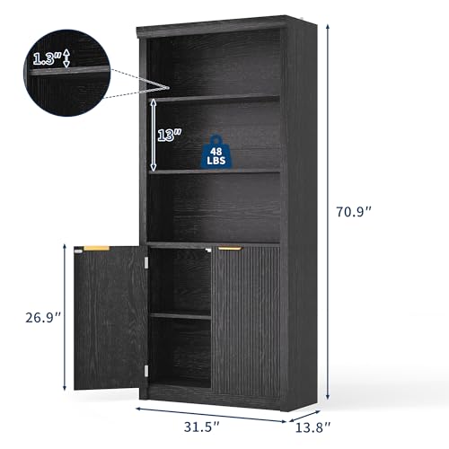 Modern Tall Book Shelf and Bookcase, 31.5"Wide Bookshelf with Doors, Farmhouse Book Case with Adjustable Top Shelf, Wood Storage Cabinet with 5 Tier Display Shelves for Home Office, Living Room, Black | Farmhouse Book Case with Storage, Wood Storage Cabin