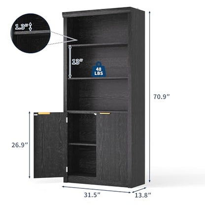 Modern Tall Book Shelf and Bookcase, 31.5"Wide Bookshelf with Doors, Farmhouse Book Case with Adjustable Top Shelf, Wood Storage Cabinet with 5 Tier Display Shelves for Home Office, Living Room, Black | Farmhouse Book Case with Storage, Wood Storage Cabin