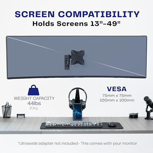 VIVO Black Single Ultrawide Wall Mount, Up to 49 in Screens, MOUNT-VW01M - color: Black, size: 75x75mm to 100x100mm VESA
