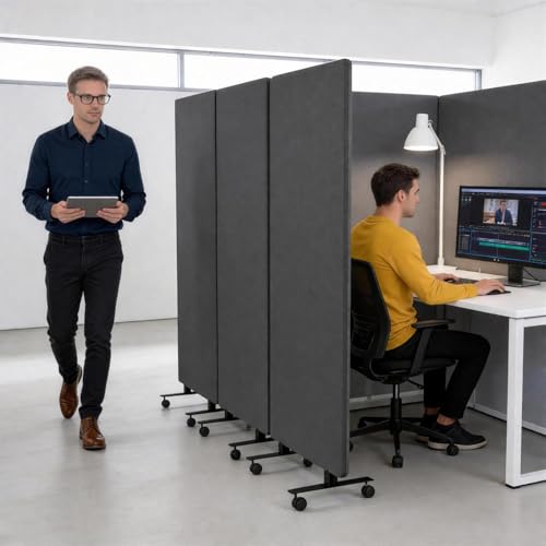 3-Panel Portable Office Partition,Mobile Acoustic Wall Divider with Wheels - color: Dark Gray, size: 3 Panel-72"Wide