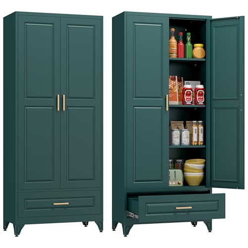 Polup 75" Metal Storage Cabinet, Tall Kitchen Pantry Cabinet with 1 Drawer | Green Heavy-Duty Steel Cupboard, 2 Doors, 3 Adjustable Shelves, Magnetic Latch, Gold Handles, for Dining Living Room, Laundry - color: Green, size: 75"H - 1 Drawer
