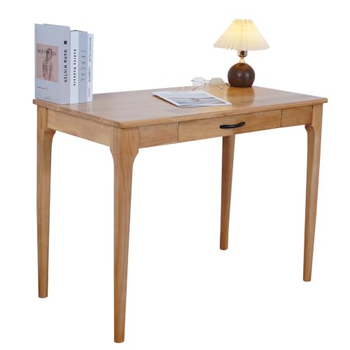 Solid Wood Desk with Drawers, Wooden Computer Desk for Home Office, Gaming Study Desk for Small Spaces, Writing Work Desk for Bedroom,Easy Assembly (Teak Color 40 inch 1 Drawers) - color: Handle Teak Color 39.4 Inch