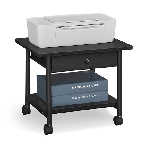 VASAGLE 2-Tier Printer Stand with Locking Wheels, Under Desk Printer Table - color: Ebony Black, size: 2 Tiers with Drawer