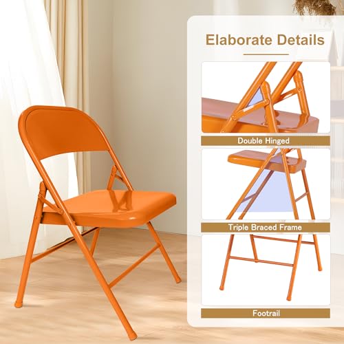 VECELO Metal Folding Chairs 4 Pack, Double Hinged Steel Frame Easy Foldable&Stackable for Office Kitchen Dinning Wedding Patio and Garden,Orange,Set of 4 - color: Orange
