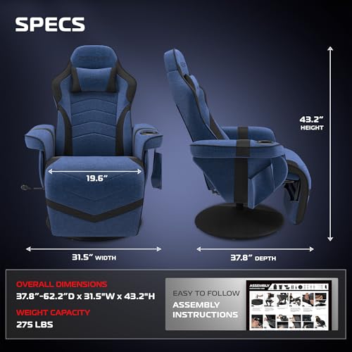 Respawn 900 Gaming Recliner Chair with Footrest, Cup Holder and Swivel | Ergonomic gaming recliner with footrest, cup holder, lumbar support, 135° recline & 360° swivel for console gaming - color: Blue Fabric