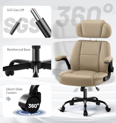 Ergonomic Office Chair with Lumbar Support, 400lbs Heavy Duty Big and Tall Executive Desk Chair, PU Leather High Back Computer Chair with Flip-Up Arms & Adjustable Headrest, Khaki - color: Khaki, size: Adjustable Headrest Office Chair
