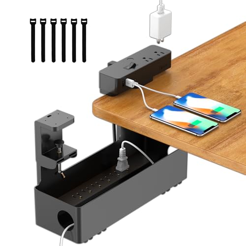Hiree Under Desk Cable Management Tray with 8 AC Outlets, 2 USB & 1 USB-C Ports - Clamp Mount Storage Basket Organizer, No-Drill Wire Cord Management for Standing Desk Home Office（Black）