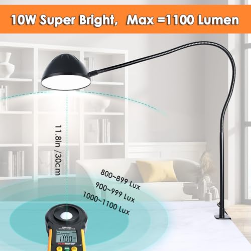 Long Gooseneck Clamp Lamp, Clip Desk Lamp with Clamp, 10W, 1100 LMS, 3 Color Modes, 10 Brightness Levels, 31 Inches Long Flaxible Gooseneck, Perfect for Craft, Reading, Home, Office - size: Large