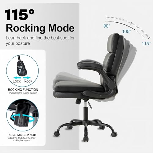 Mid Back Office Desk Chair,Leather Conference Room Chairs,Ergonomic Home Computer Chair,Modern Executive Chair with Padded Flip-up Armrest and Swivel Wheels (Black) - color: Black