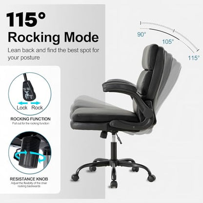 Mid Back Office Desk Chair,Leather Conference Room Chairs,Ergonomic Home Computer Chair,Modern Executive Chair with Padded Flip-up Armrest and Swivel Wheels (Black) - color: Black