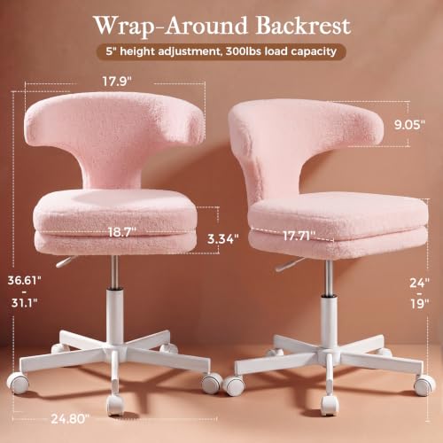 GTPLAYER Swivel Office Desk Chair with Wheels, Adjustable Height Vanity Chair with Back Support, Comfy Rolling Stool for Home Office, Bedroom & Makeup Vanity, Sweet Gift for Girls and Women - color: Coral Pink