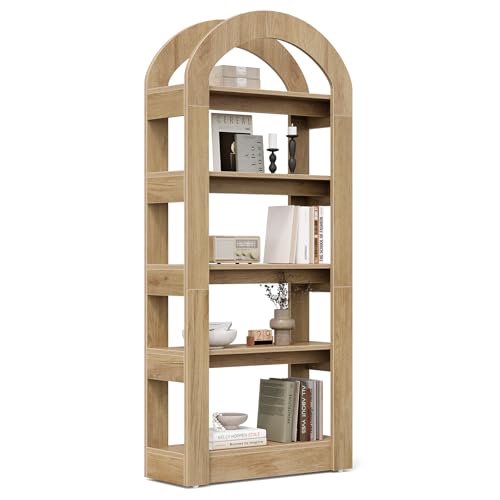 LITTLE TREE 5-Tier Bookshelf, Arch-Shaped Racks, Tall Standing Wooden Bookcase Display Shelf Modern Storage Solution (1, Teak Color) - color: Teak Color, size: 1