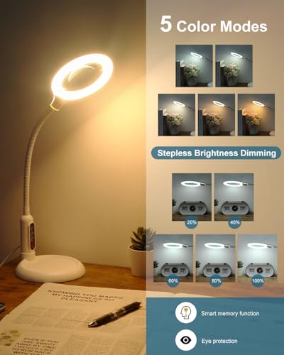 12X Magnifying Glass with Light and Stand, Real Glass, LED 5 Color Modes, Brightness Stepless Dimming Lighted Magnifier Hands Free, Flexible Gooseneck Desk Lamp with Clamp for Close Work, Craft, White - color: White