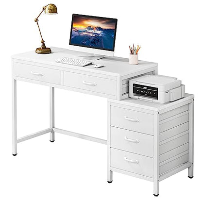 Little Tree Computer Desk with 5 Drawers, Home Office Desks with Reversible File Drawer Cabinet Printer Stand - color: White