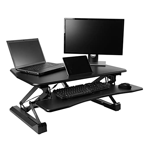 Seville Classics OFF65806 Airlift 36" Electric Height Adjustable Standing Desk Converter Workstation with 2.1A USB Charger Ergonomic Motorized Dual Monitor Riser Full Black - color: Electric Black