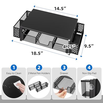 Simple Trending Desk Organizer, Computer Monitor Stand Riser, Black | Metal Laptop & Printer Stand, Desktop Organizer with Drawer & 2 Pen Holders, Anti-Slip Pads, 18.5"W x 9.5"D x 4.75"H - size: 18.5"W x 9.5"D x 4.75"H