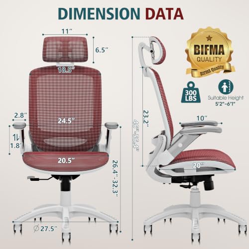 GABRYLLY Ergonomic Office Chair, High Back Home Desk Chair with 2D Flip-Up Arms, 3D Headrest, 90-120° Tilt and Wide Cushion, Big and Tall Mesh Chairs for Man Woman, Computer Task Chair Red - color: White Frame Red Mesh