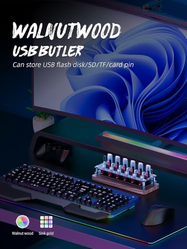 Walnut Cyberpunk USB Docking Station for Independent Switch Control, 6 Port USB2.0 Hub,USB Splitter Expander,USB/SD/TF Card Storage Box,Retro USB Desktop PC Controller-F062